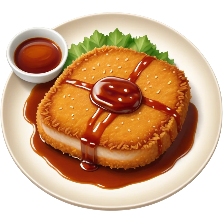 Tonkatsu Cinematic Realistic Tonkatsu Dish Emoji, depicted as a golden, crispy pork cutlet drizzled with tangy BBQ sauce, rendered with detailed textures and dynamic, appetizing lighting. emoji