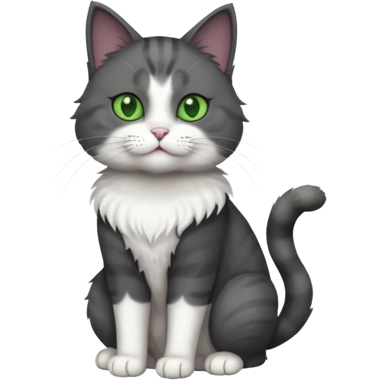 full body view of beautiful female solid dark grey cat with green eyes, white toes and white patch on chest emoji