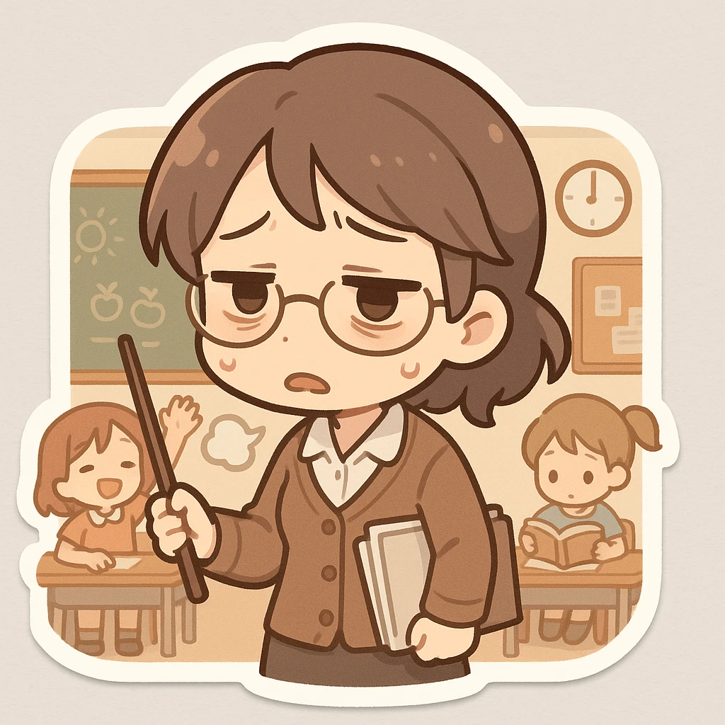 exhausted teacher in a bustling classroom emoji