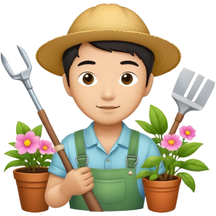 Asian gardener named Yong with gardening tools emoji