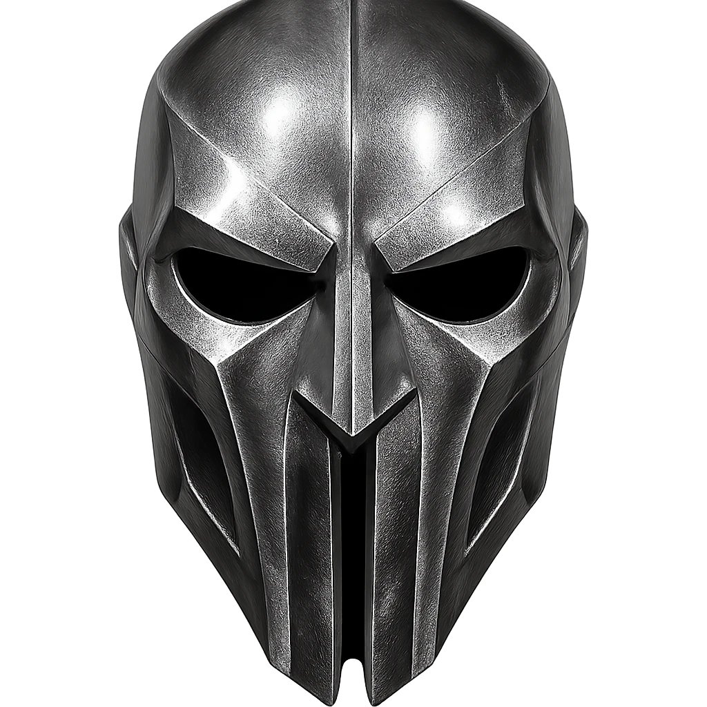 villain-style mask with metallic silver chrome finish inspired by gladiator helmets, high forehead, deep eye cutouts, long vertical nose bridge splitting into two bars past mouth, sharp angular symmetrical lines sleek intimidating look emoji