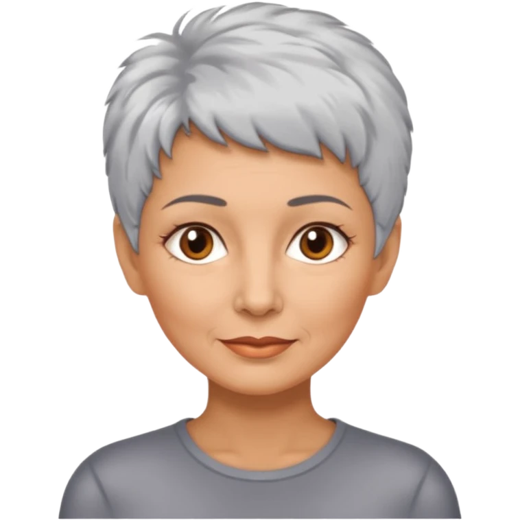 woman 50 years old, very short grey fluffy hair, tannes skin and brown eyes emoji