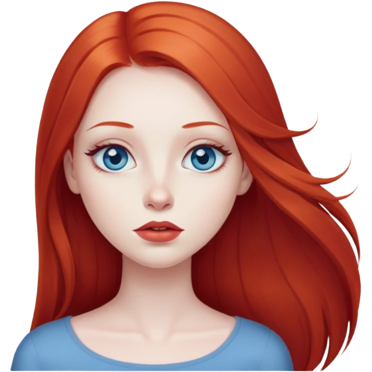Girl, very pale white, long straight red hair, blue eyes, full lips emoji