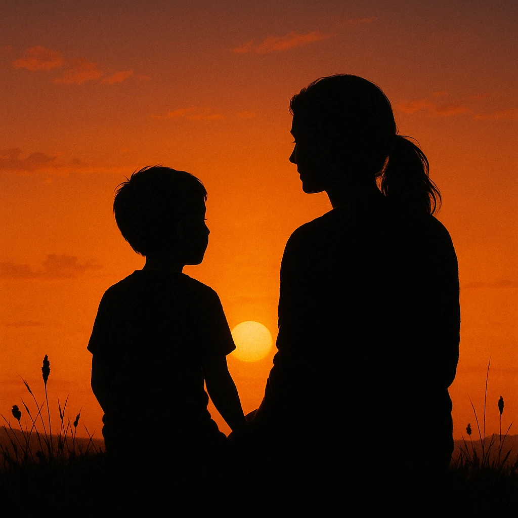 Silhouette of a mother and son watching the sunset together, serene and artistic emoji
