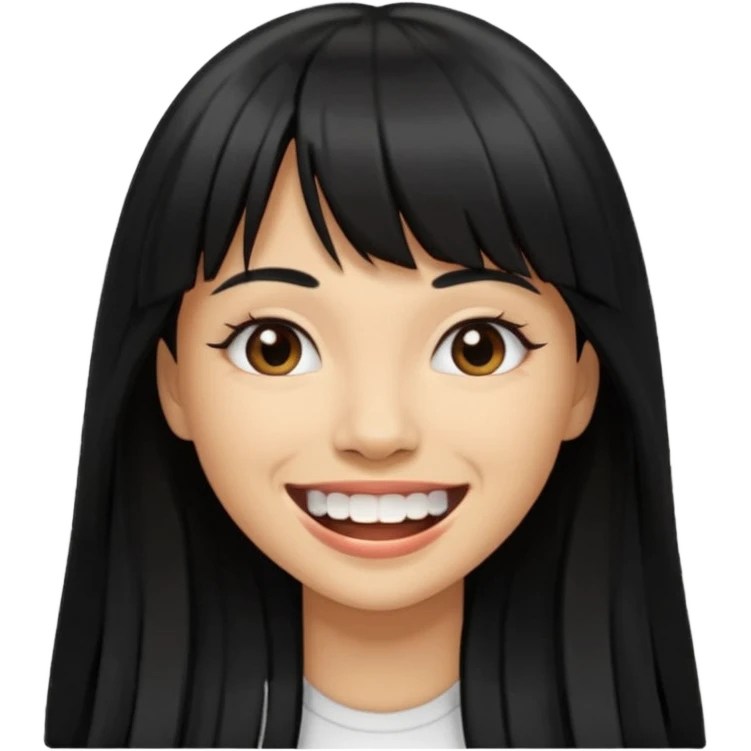 Woman a little tan with long black hairs and bangs, appearing teeth emoji