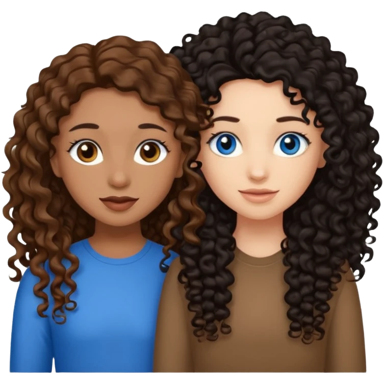 Two best friends .bestie 1: beige skin with brown long hair and blue eye. Bestie 2:mixed race skin with curly black hair and brown eye emoji