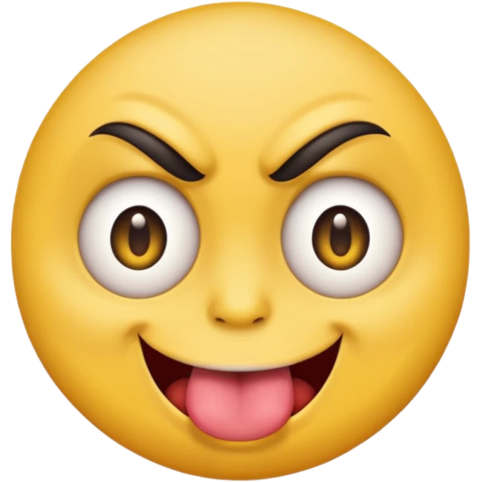 A yellow round face emoji smirking with its tounge out but the eyes are evil and kind of crazy and only one of the eyebrows is raised and the other eyebrow is lower and normal emoji