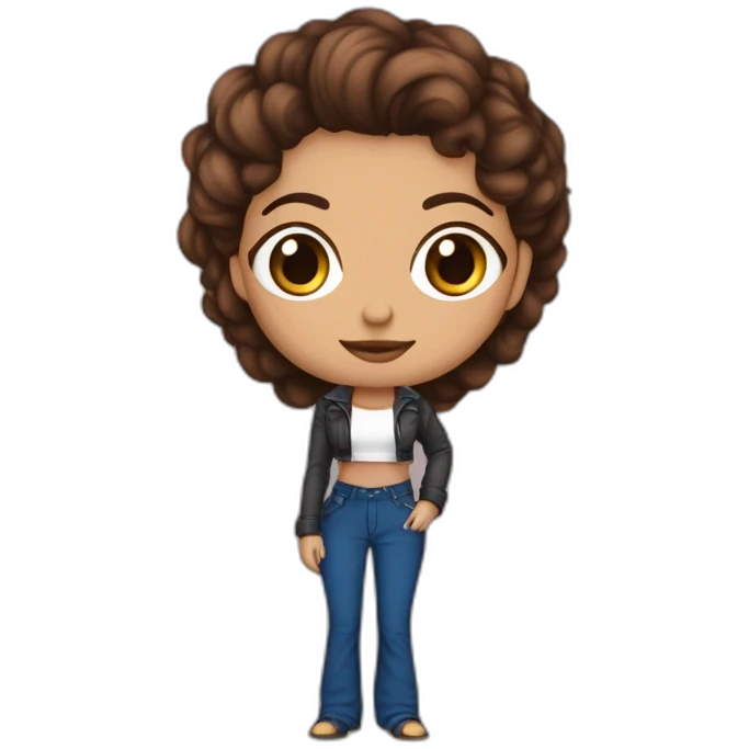 Persona pelo marron largo ligeramente rozado color de piel clara con ojos marrones labios finos nariz agileña top rosa y pantalon flare azul oscuro emoji