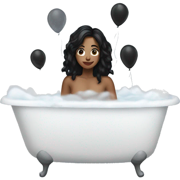 a woman with black hair in Bathtub black balloons around her  emoji