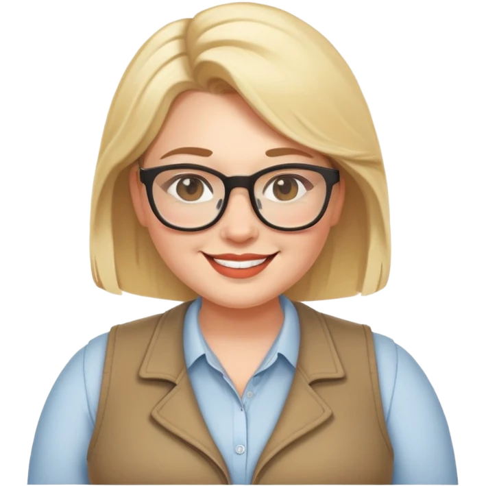 Plus size blonde woman wearing glasses and a vest, friendly smile emoji