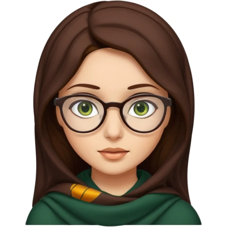 A hijab brunnet girl with glasses and a girl with dark amber waivy hair and green eyes  emoji