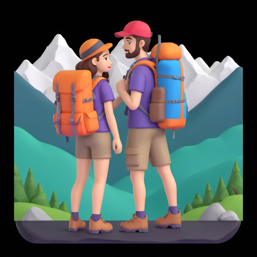 back packer couple posing, mountains in background,   close up pose emoji
