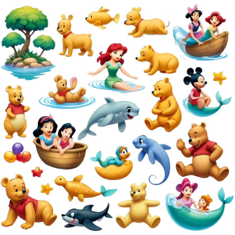 collage icon for animated movies: Include iconic characters like Goofy, Mickey Mouse, Winnie the Pooh, Ariel (The Little Mermaid), Jasmine, and others. Arrange them in a fun, vibrant scene full of playful elements. Bright, cheerful colors with a whimsical, animated style. Transparent background. emoji