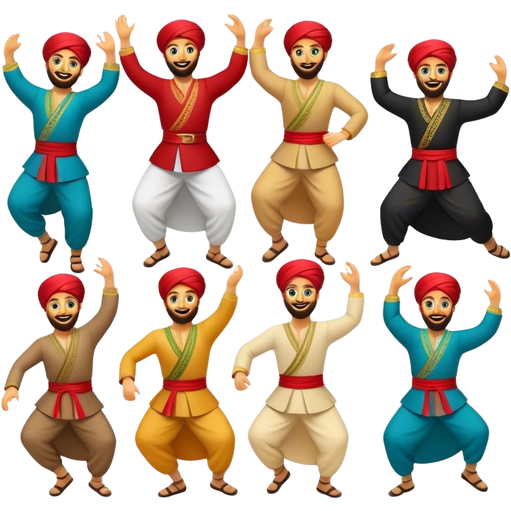 Cinematic Realistic Dabke Dance Emoji, depicted as an energetic traditional Lebanese folk dance with vibrant costumes and rhythmic movements, rendered with dynamic textures and festive natural lighting that captures its communal joy. emoji
