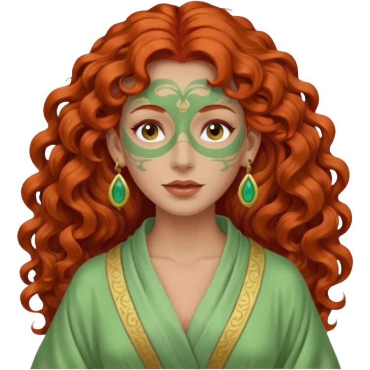 red haired very long curly haired woman with full face light green clay mask  and big earrings  emoji