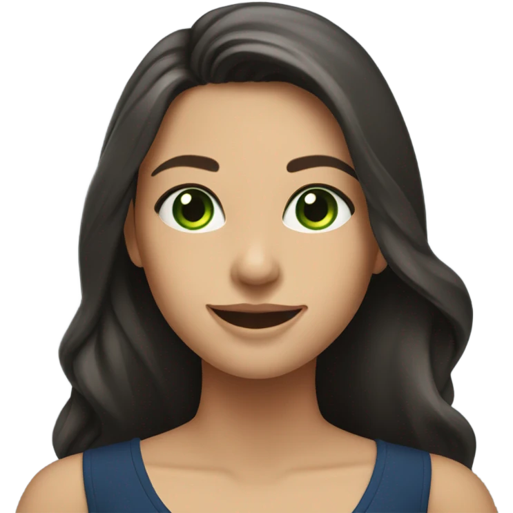 a brunette with long hair and green eyes in a dark blue blouse smiles sweetly emoji