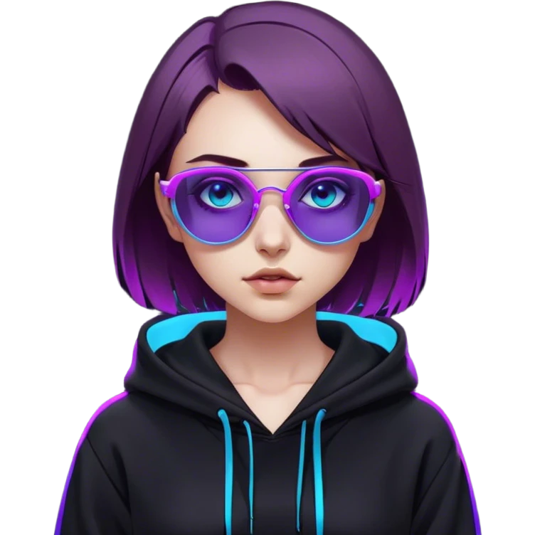
girl with brown bob and blue eyes in a black hoodie and sunglasses. Cyberpunk style. Violet neon. emoji