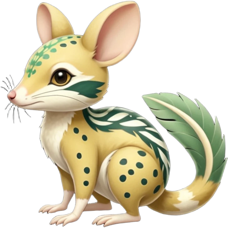 Tropical Exotic Colorful Beige-yellow, Jade-green, white specks, Floral Feathery Numbat-Bilby-Quoll-Furret-Fakémon-furry-fursona-creature (full body) with tribal markings emoji