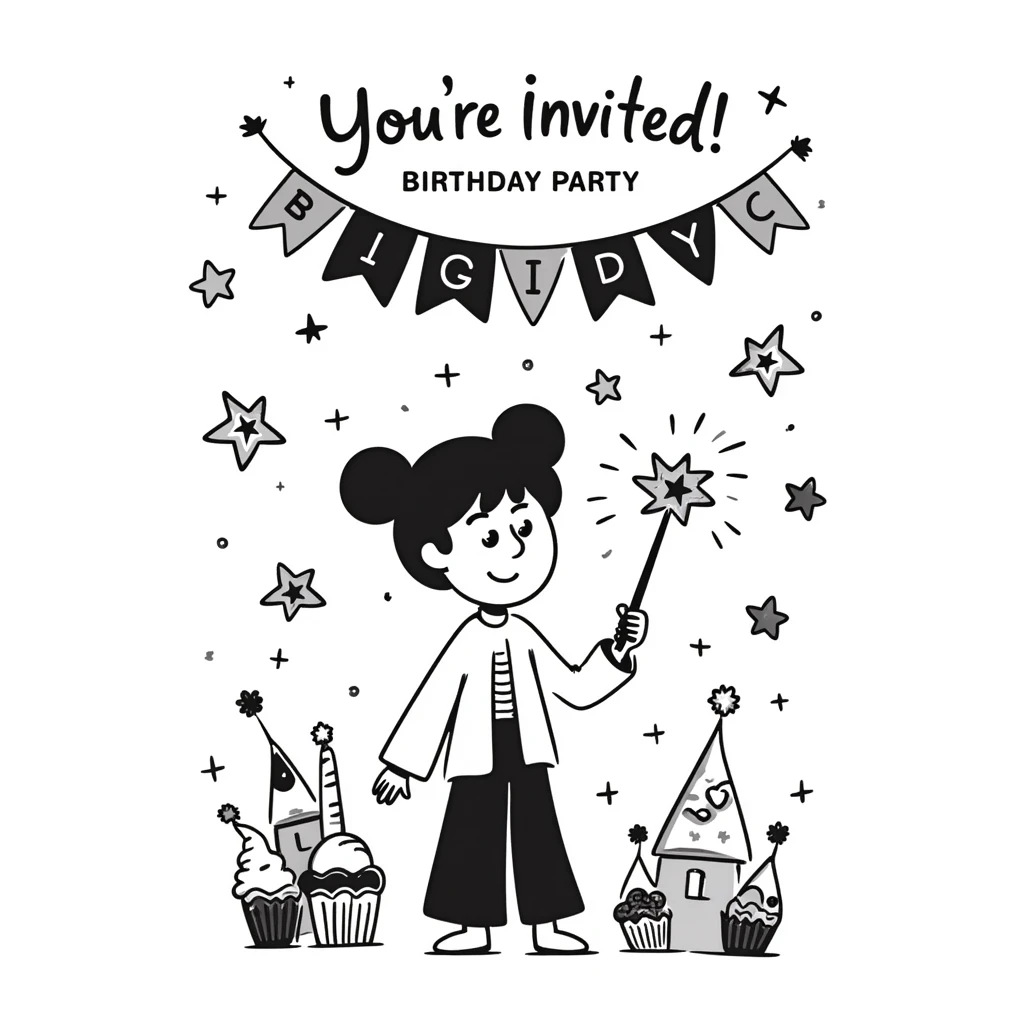 colorful magical themed birthday party invitation illustration with sparkles, wands, whimsical decorations, and the text: "You're Invited! Birthday Party at 100 Post St, San Francisco, May 10, 2025" emoji