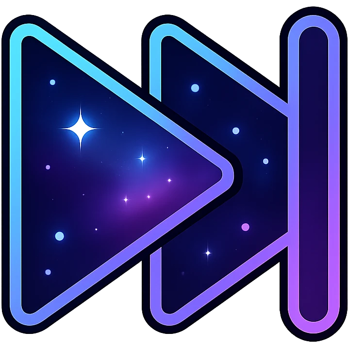 next song icon, modern clean double triangle and line with neon border and glowing effect, dark purples blues blacks base, nebula gradients, small bright stars, specular highlights, luminous look emoji