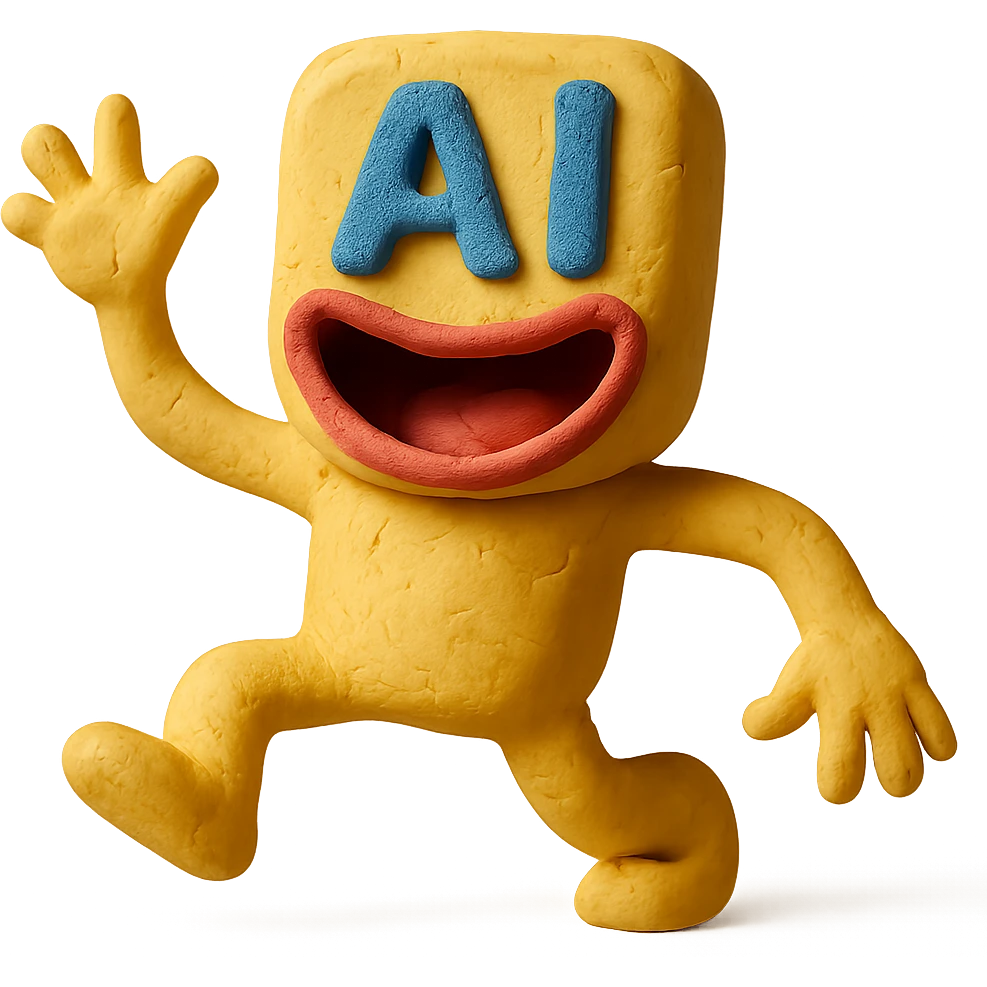 claymation style funny AI with exaggerated mouth, playful pose emoji