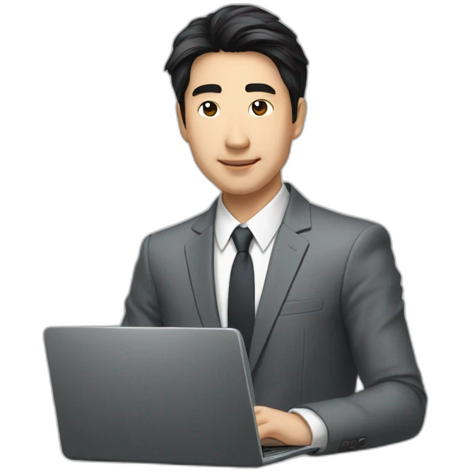 Male investment manager in professional clothes, black hair, asian, with a laptop in front of him, Half-length portrait  emoji