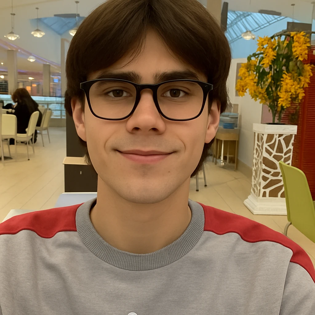 Dark-haired guy with hair to his earlobes, square black glasses, brown eyes, bufo style emoji