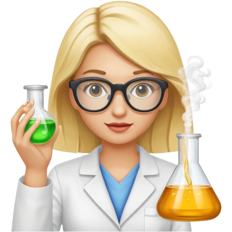 Eine hellblonde Chemikerin mit typischem Erlmeyerkoblben in der Hand und Chemiebrille auf emoji