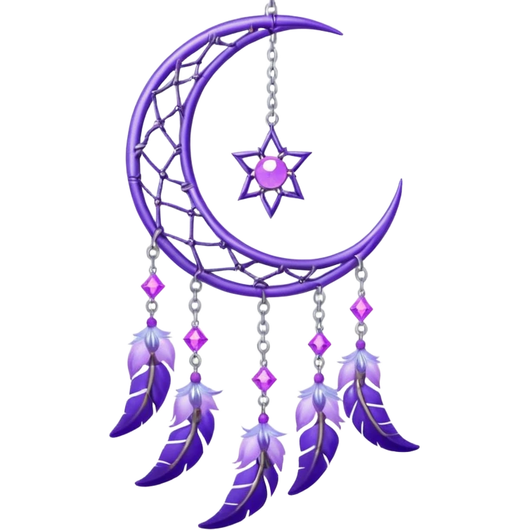 Aesthetic shiny sparkly violet crescent hanging from silver chain dreamcatcher-suncatcher hanging lilac crystals decoration  emoji