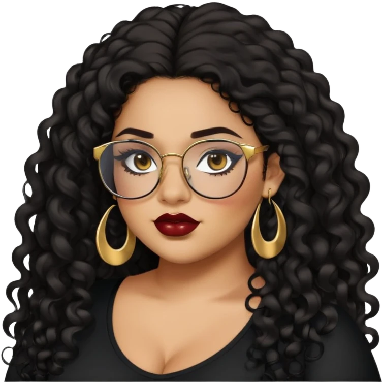 teen big plus size, latina, darker tan skin, gold earrings, long black curly hair, baddie,pretty, makeup, dark red lipgloss, black eyeliner, long hair, black top, black glasses emoji