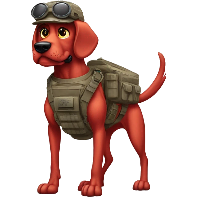 Desert storm humanoid Clifford the red dog muscled with tattoos on arms book illustration as a military call of duty character standing alone with submachine  emoji