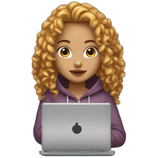 a white tenage curly girl wearing a hoodie working on a laptop emoji