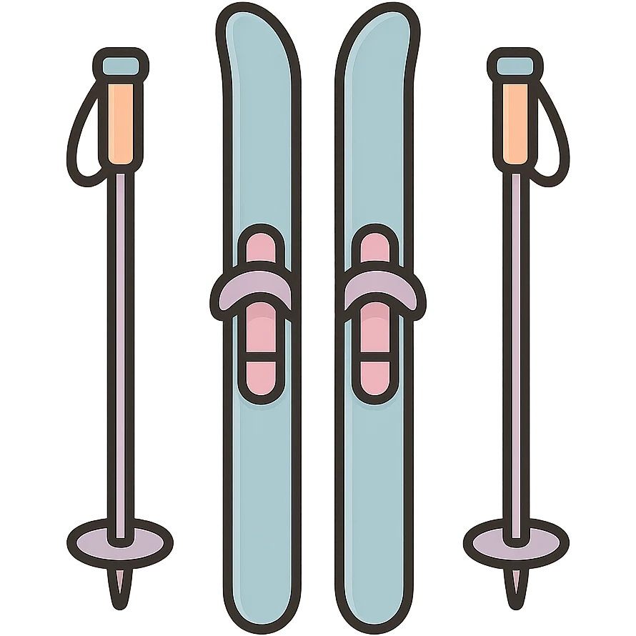 cross-country skis standing upright with poles on the sides, detailed shading, thin clean outlines, soft rounded features, pastel palette #98B5BC #B5B3C1 #C9A3C9 #E4C0CA #F7DCD1 #F7C0AA, Japanese pop art, sticker look, highly detailed, vector clarity, soft lighting, subtle shadows, transparent background emoji
