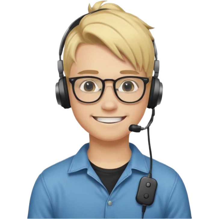 blond hair teen boy pony tail undercut with tattoo on his neck, wearing glasses, strong built, smile warmly with headphone emoji
