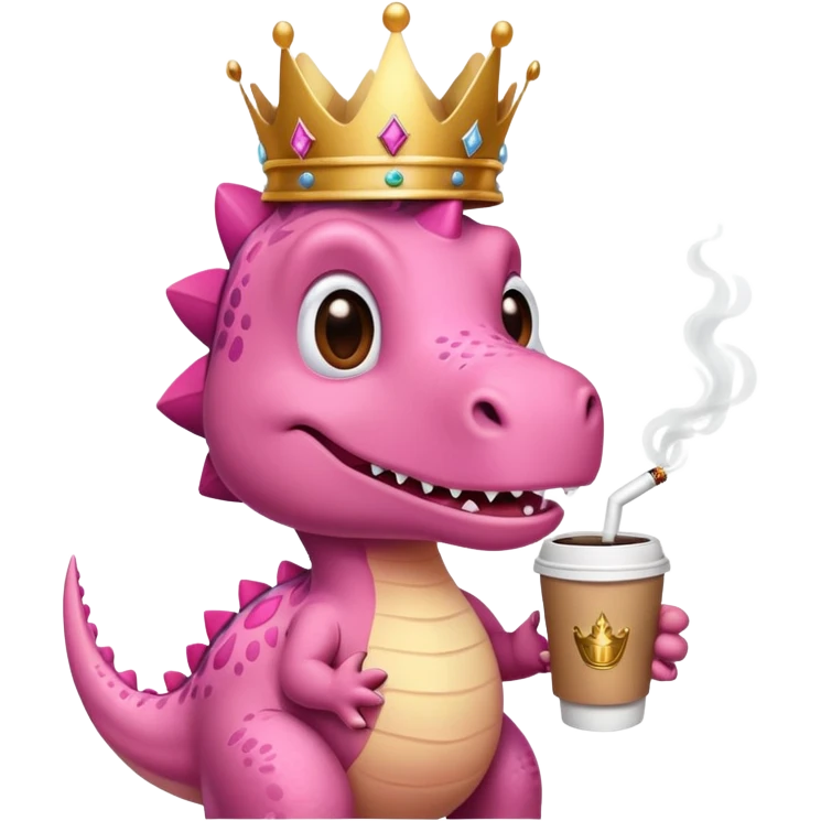 dinosauro rosa con il caffè e una sigaretta e una corona emoji
