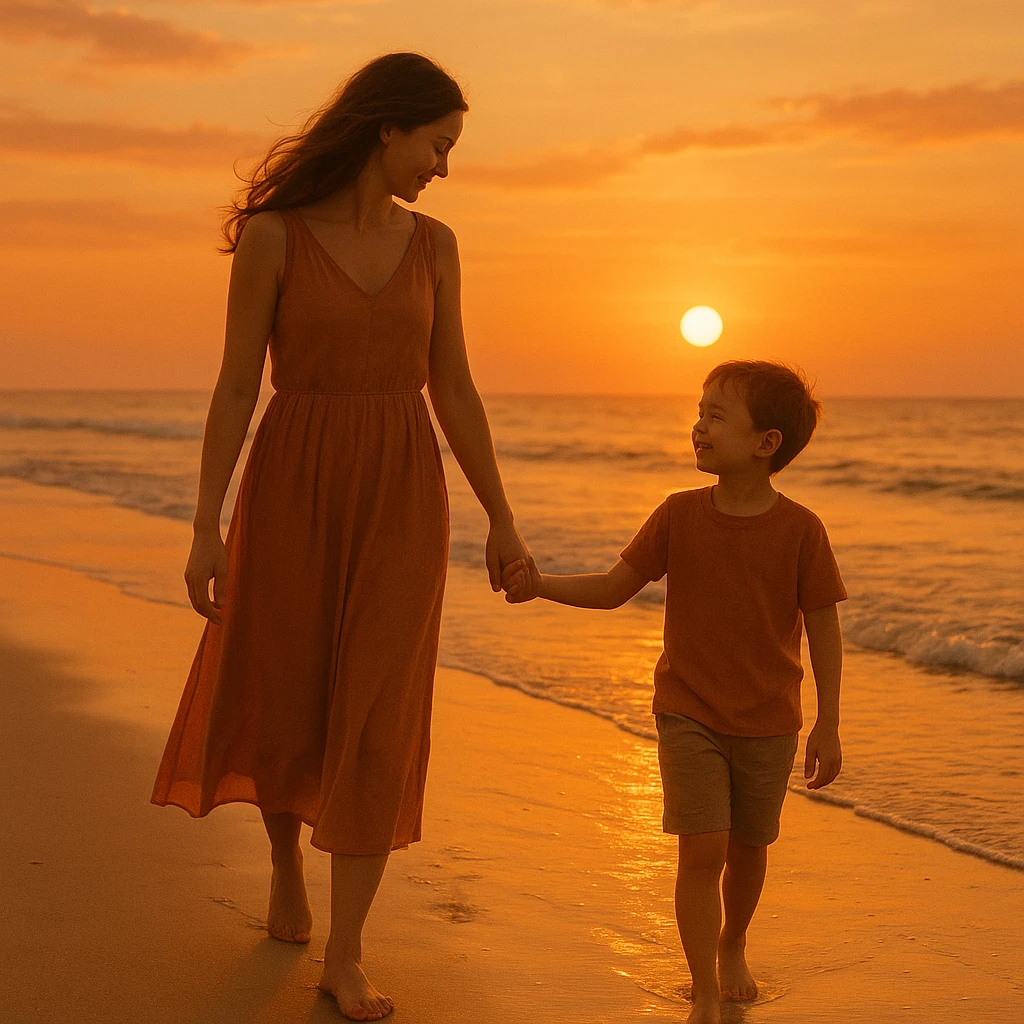 A mother and son walking hand in hand at the beach during sunset, warm colors, peaceful atmosphere emoji