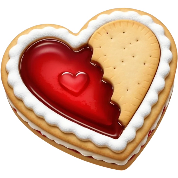 Realistic shortbread cookie in the shape of a heart with red jelly middle filling and sprinkled powder sugar on top. emoji