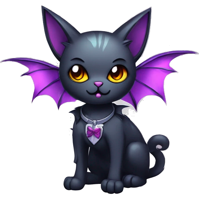   cool edgy kawaii ethereal dark-punk-themed animal vampiric cat-hybrid Fakemon with fangs and bat-wing-ears with a collar full body emoji