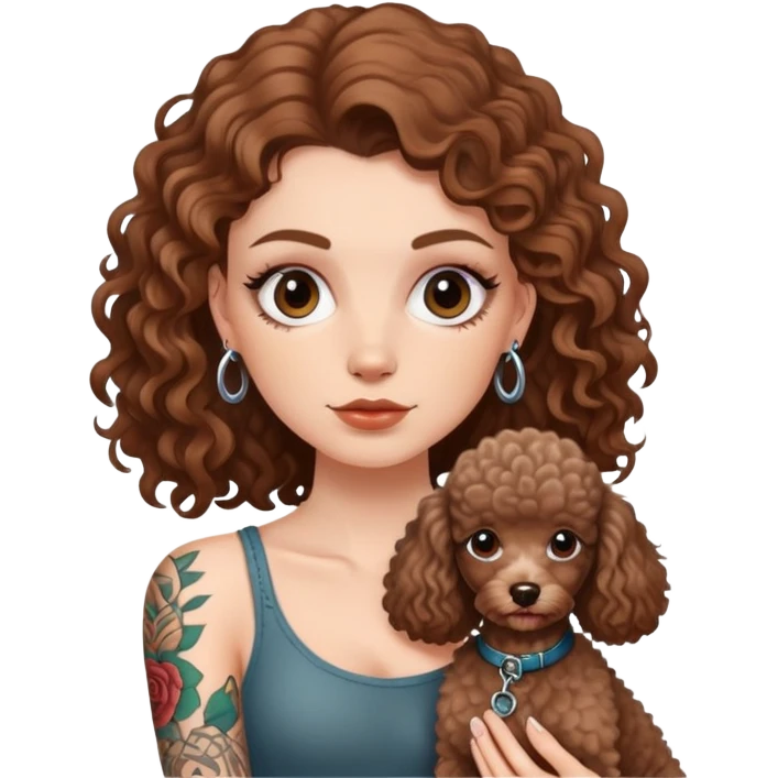 a  white girl with brown  Slightly curle long hair and tattoos and a miniature poodles emoji