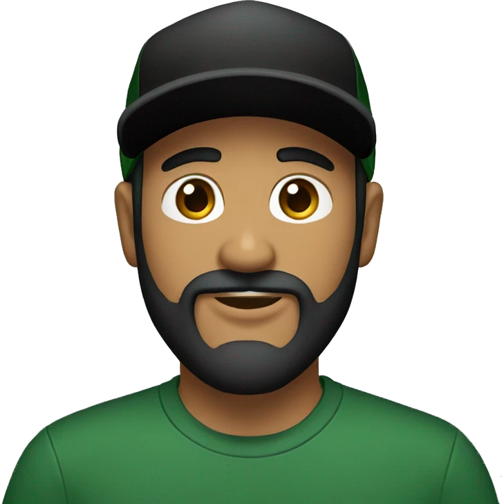 brown man with a dark beard, dark eyes, dark green t-shirt and a BLACK BLACK cap emoji