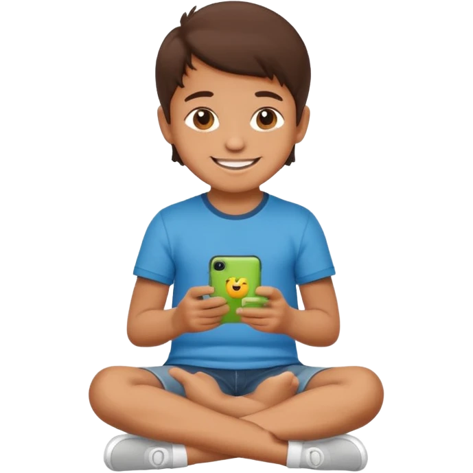 happy little kid with a phone, sitting cross-legged, apple style emoji emoji