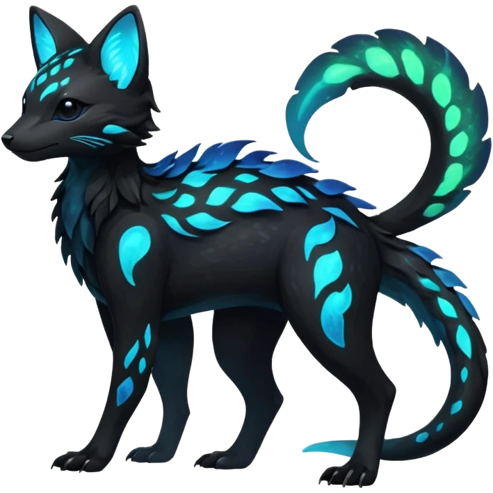 Rare realistic black nebulae shiny sparkly dark-neon glowing bioluminescent edgy badass epic pretty beautiful handsome gorgeous aesthetic colorful vibrant Vernid-Trico-species-Fakemon-creature by LiLaiRa, 4 legs, 1 tail, random markings, (full body) emoji