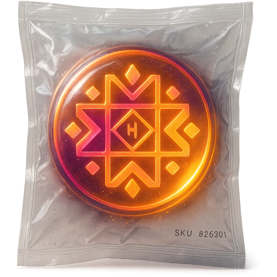 Can you please render an image of a digital artwork with a dreamy, cosmic aesthetic. Make it glowing small circle logo that’s accurately like the one attached in the image and that radiates warm colors—yellow, orange, and magenta. Make the image 3D and look more like an artistic glassmorphism type. Make the image look HD and quality  emoji