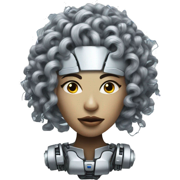 Silver curly hair female cyborg head with mask and circuits emoji