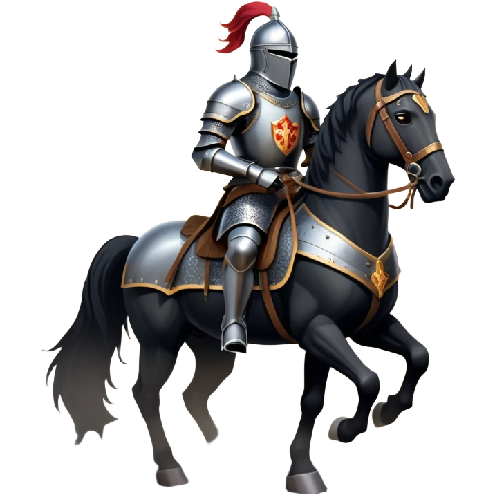 clash-of-clans-aesthetic_-cinematic-fearsome-and-majestic-knight-bust-portrait-emoji, rendered in a flat, vector-style with minimal shading and bold, simplified shapes, depicting a battle-ready medieval knight with steely eyes and intricate armor, riding on a black warhorse looking regal reflecting sunlight over a misty battlefield. emoji