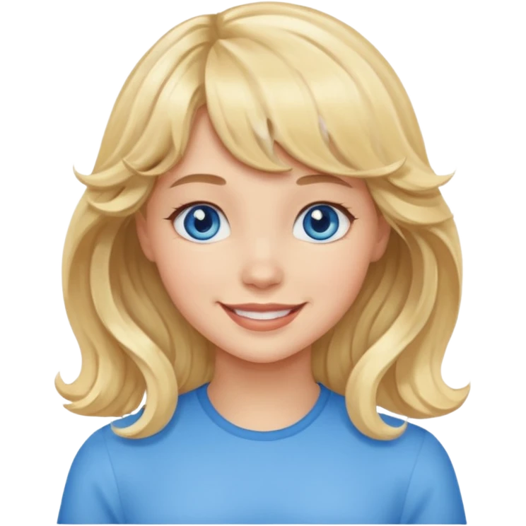 Please generate an image of a girl. She has blue eyes, blonde, wavy hair with bangs, and is smiling. emoji