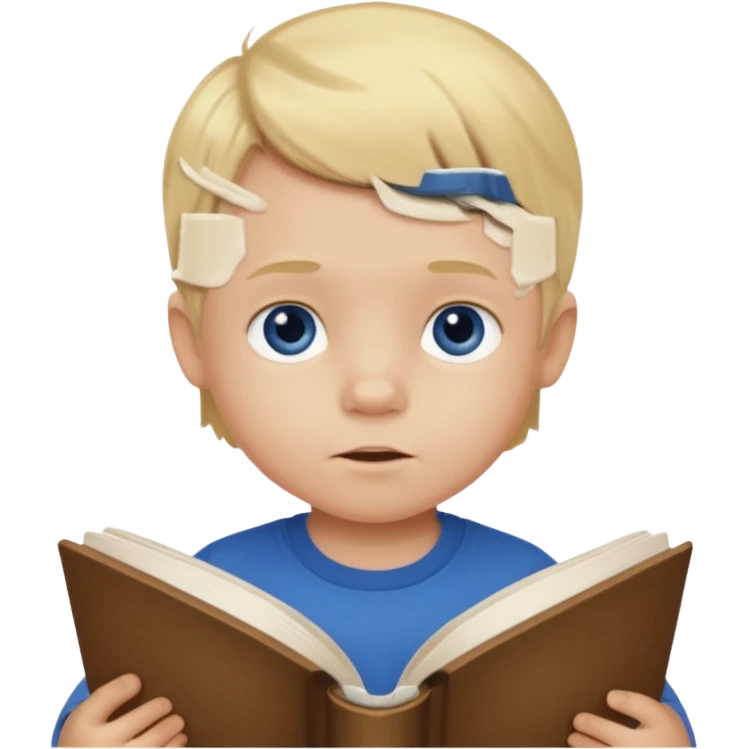 Dirty blonde toddler boy with dark blue eyes with book indoors emoji