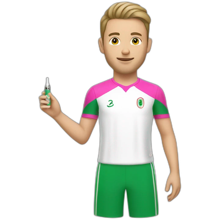 A white young man wearing Algeria's pink football shirt holding an electronic cigarette emoji