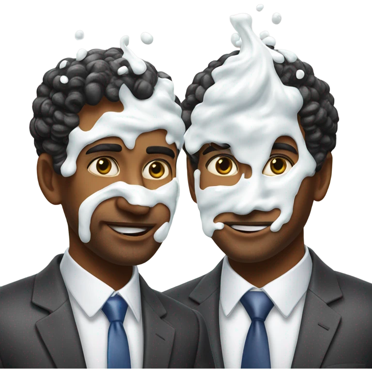 Two men covered in yogurt wearing suits with yogurt on their head, and more yogurt on their suits emoji
