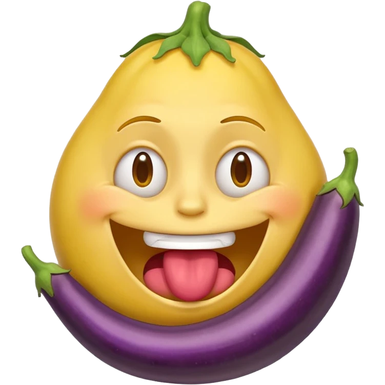 An ashamed, smiling yellow face emoji with a huge eggplant in his mouth. emoji